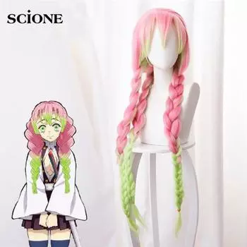 Аниме Demon Slayer Kanroji Mitsuri Kimetsu No Yaiba женский парик для косплея зеленый розовый цветные косы для волос