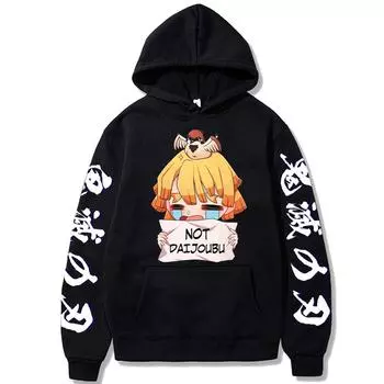 Anime Demon Slayer Kawaii Agatsuma Zenitsu Print Hoodies Sweatshirts Women Winter Warm Harajuku Unisex Long Sleeve Pullovers Wom XS чёрный