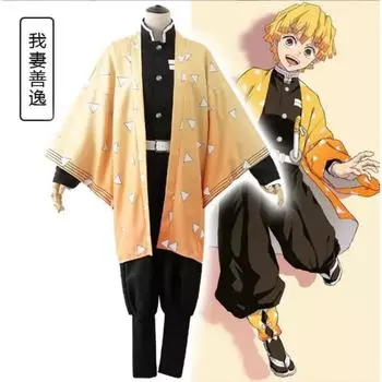 Аниме Demon Slayer Kimetsu no Yaiba Agatsuma Zenitsu Косплей Костюм Мужское кимоно Униформа Хэллоуин Вечеринка для детей и взрослых M чёрный