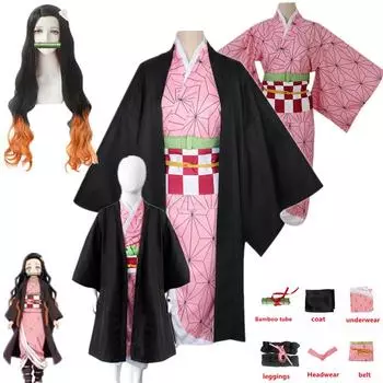 Аниме Demon Slayer Kimetsu no Yaiba Косплей Костюм Nezuko Kamado Кимоно Униформа Одежда на Хэллоуин 110cm