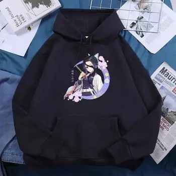 Аниме Demon Slayer Kochou Shinobu With A Sword Женская толстовка с капюшоном Повседневная осенняя толстовка Теплые флисовые топы с круглым вырезом Свободная женская толстовка XS чёрный