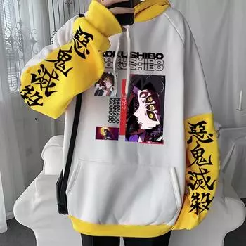 Аниме Demon Slayer Kokushibo Printed Hooded Men Women Kimetsu no Yaiba Cool Hoodies Casual Loose Sweatshirt Harajuku Streetwear XS чёрный