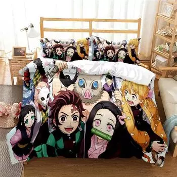 Anime Demon Slayer Nezuko Tanjirou Bedding Set Boys Girls Twin Queen Size Duvet Cover Pillowcase Bed Boys Adult EU single(135x200cm)