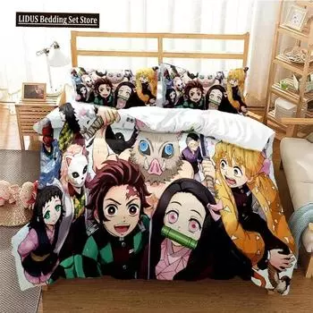 Anime Demon Slayer Nezuko Tanjirou Bedding Set Boys Girls Twin Queen Size Duvet Cover Pillowcase Bed Boys Adult EU Single 135x200cm