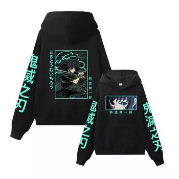 Аниме Demon Slayer Streetwear Muichiro Tokito Graphic Printed Hooded Men Women Casual Loose Hoodies Harajuku Unisex Sweatshirt XS чёрный