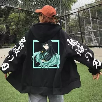 Аниме Demon Slayer Tokitou Muichirou Printed Men Women Zip Up Hoodies Plus Size Sweatshirt Harajuku Streetwear Zipper Jacket XS чёрный