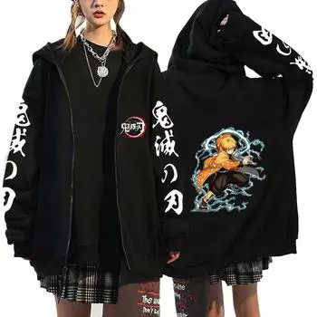 Anime Demon Slayer Zipper Hoodie Agatsuma Zenitsu Printed Hooded Men Women Clothes Oversized Sweatshirt Harajuku Male Streetwear XS чёрный