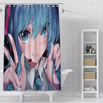 Аниме Девушка H-HatsuneS M-Miku Занавеска для душа Водонепроницаемая Полиэстеровая ткань Краска Занавеска для ванны Домашний Декор для ванной комнаты Занавеска с крючками YL90x180cm