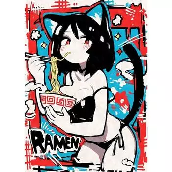 Аниме девушка с кошачьими ушками, едящая рамен, постер, эстетичные аниме принты с раменом, мультяшный декор в японском стиле, сексуальная девушка, холст 21cm30cm NoFrame