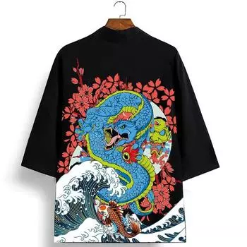 Аниме Дракон Косплей Модное кимоно Свободный кардиган Япония Повседневный топ XXS чёрный/золотой