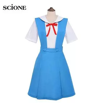 Аниме Evangelion Хэллоуин Женщины Косплей Аска Лэнгли Сорю Токио Аянами Рей Костюм Школьная форма S синий