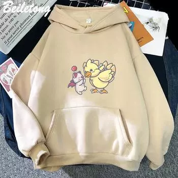 Аниме Final Fantasy XIV Hoodie Смешные толстовки Милые толстовки с принтом Great Moogle и Chocobo Повседневная мультяшная толстовка с капюшоном на осень и зиму S белый
