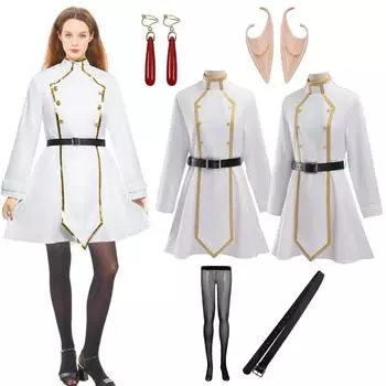 Аниме Frieren Beyond Journey s End Frieren Косплей Костюм наряд Белое зимнее платье Плащ Парик Уши Серьги Чулки Вечеринка на Хэллоуин xxxl