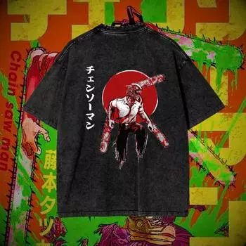 Аниме Футболка с графикой Человек-бензопила Мужская Летняя Харадзюку Выстиранная Хлопковая Футболка Винтажная Уличная Одежда Мужская Женская Топы S