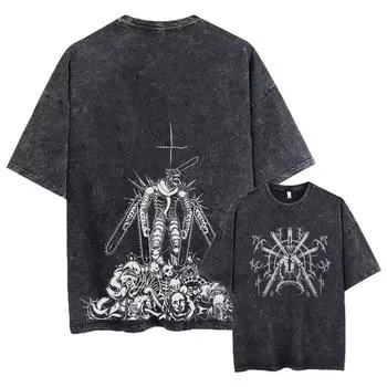 Аниме Футболки Chainsaw Wash Мужские Винтажные Выстиранные Футболки Харадзюку Оверсайз Хлопковая Футболка Хлопковая Мода Уличная одежда Унисекс Топ S