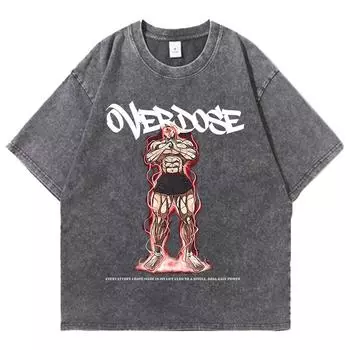 Аниме Футболки с кислотной стиркой Джек Ханма Мужские Винтажные Футболки с Вареным Эффектом Харадзюку Оверсайз Хлопковая Футболка Хлопковая Уличная Одежда Унисекс Топ S