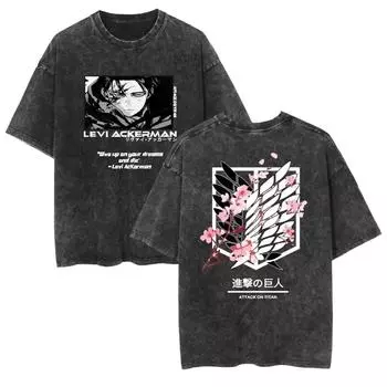 Аниме Футболки с Вареным Эффектом Атака Титанов Графические Дышащие Футболки с Коротким Рукавом Двусторонняя Печать Винтажные Уличные Футболки S