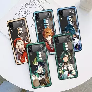 Аниме Genshin Impact Роскошный чехол для Samsung Galaxy Z Flip 3 4 5G Funda ZFlip 3 Черный ПК Жесткий чехол для телефона Capas Samsung Z Flip 5G
