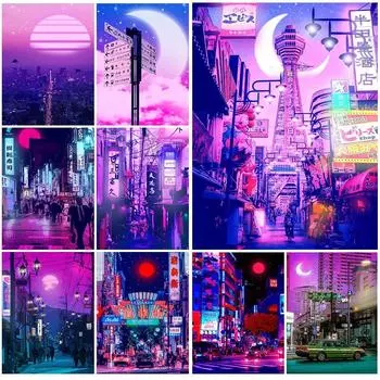 Аниме Город Неоновая Ночь 80-х годов Vaporwave Япония Город Уличный Плакат Настенное Искусство Холст Картины Настенные Панно Для Гостиной Домашний Декор Без Рамки