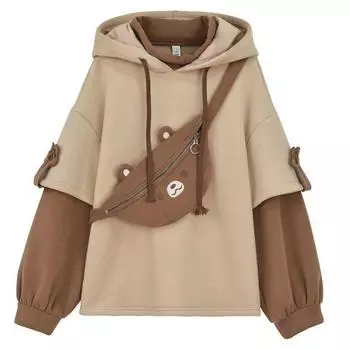 Аниме Harajuku Эстетический Медведь С Капюшоном Женские Корейские Kawaii Симпатичные Кофты с круглым вырезом и длинными рукавами Крупногабаритные Пуловеры XL коричневый