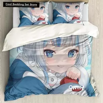 Anime Hololive EN Gawr Gura 3D Printed 2/3PCS Bedding Set Duvet Covers Pillowcases Comforter Bedding Set Bedclothes Bed Linen US Queen(228x228cm)
