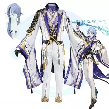 Аниме игра Genshin Impact Ayato Kamisato Косплей Костюм Аксессуары Полный комплект - Пальто брюки парик Униформа мужской костюм Карнавальная одежда для вечеринки Хэллоуин xs