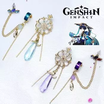 Аниме Игра Genshin Impact Scaramouche Серьги Wanderer Kunikuzushi Косплей Подвеска Ухо Клипсы Пуссеты Balladeer Украшения для вечеринки синий