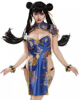 Аниме-игра Мастер боевых искусств Китайская девушка Сексуальная Моэ Милая китайская девушка Платье Цельный костюм с открытой спиной Костюм для косплея Костюм с открытой грудью Трансформация Маскировка синий
