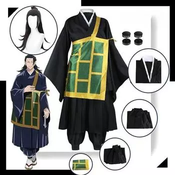 Аниме Jujutsu Kaisen Geto Suguru Косплей Костюм Парик Черное кимоно Школьная форма с серьгами Костюм на Хэллоуин для женщин и мужчин XS