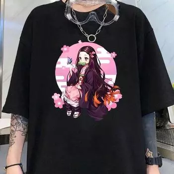 Аниме Камадо Незуко футболки с принтом женские летние крутые женские повседневные футболки с короткими рукавами топы с круглым вырезом S чёрный