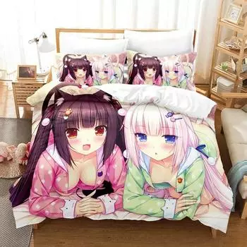 Anime Kawaii Girl NEKOPARA Bedding Set Single Twin Full Queen King Size Bed Set Adult Kid Bedroom Duvet cover Sets Home Textiles EU Twin 135x200cm