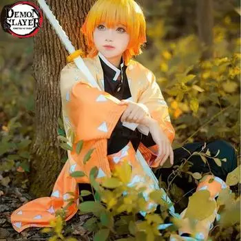 Аниме Kimetsu No Yaiba Косплей Костюм Demon Slayer Agatsuma Zenitsu Косплей Кимоно Накидки Брюки Топ Хэллоуин Костюм желтый XS/150cm