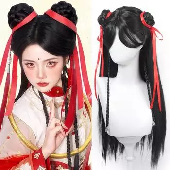 Аниме китайские фильмы косплей парик черные длинные прямые волосы с косой красная лента двойной пучок стильный парик косплей парик на Хэллоуин