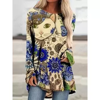 Аниме Кот 3D Принт Длинный Рукав Туника Топы Женская Мода Футболка Животный Кролик Топы Футболки Длинная Футболка Женская Одежда Kawaii S