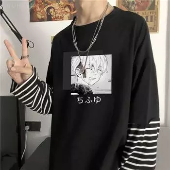 Аниме Манга Каваи Улыбающийся Чифую Мацуно Токио Мстители Футболка Повседневная Harajuku Мужчины Женщины Осенние Поддельные Две Футболки С Длинным Рукавом S бежевый
