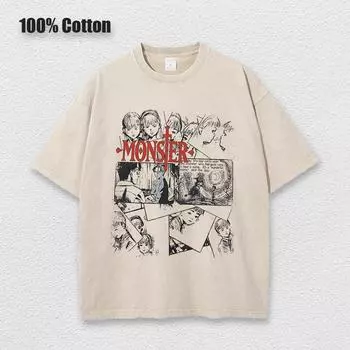 Anime Monster T Shirts Washed Men Women Cotton Harajuku T-Shirts Retro for Men Women Tops Tees Unisex S