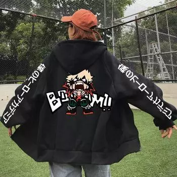 Аниме Моя геройская академия Бакугоу Катсуки Смешной принт с капюшоном для мужчин и женщин Толстовки с капюшоном на молнии Harajuku Sweathsirt Унисекс Куртка на молнии XS чёрный