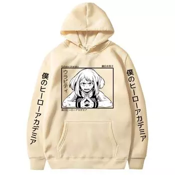 Аниме Моя геройская академия Очако Урарака Графический принт с капюшоном Мужские и женские толстовки Повседневная свободная толстовка Харадзюку Унисекс Уличная одежда XS чёрный