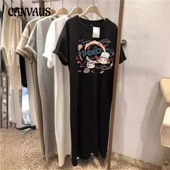 Аниме мультфильм короткий рукав длинная футболка женская плюс размер летняя ленивая пляжная длинное платье длиной до колена сетчатые красные платья S светло-серый