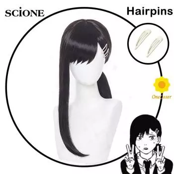 Аниме-парик «Человек-бензопила» Хигасияма Кобени, черный парик для косплея со шпильками, термостойкое волокно, волосы + шапочка для парика, вечеринка на Хэллоуин, ролевая игра Wig&Hairpins чёрный