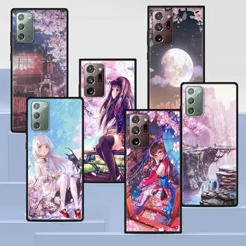 Anime Plum Cherry Blossom Girl Case for Samsung Galaxy Note 20 Ultra 10 Lite 9 8 A12 A52 A51 S20 FE Black Soft Phone Coque Samsung Note20 Ultra