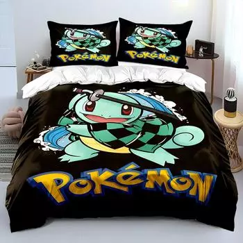 Аниме Покемон Сквиртл Принт Мягкий Пододеяльник Наволочка Комплект Постельного Белья Детский Взрослый Удобный Комплект для Кровати Двуспальный Кинг Комплект Постельного Белья EU Twin 135X200cm