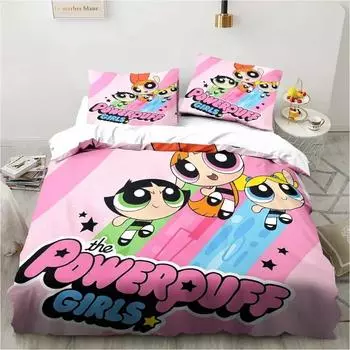 Anime Powerpuff Cute Grils Cartoon Bedding Set Duvet Cover Bed Set Quilt Cover Pillowcase Comforter king Queen Size Boys Adult EU Single 135x200cm