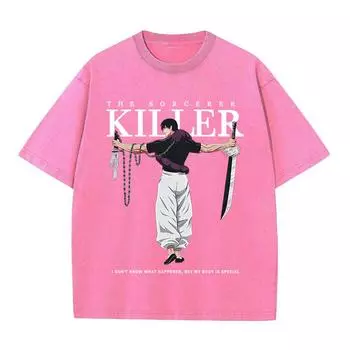 Аниме Ретро Розовая Выстиранная Футболка Уличная Одежда Хип-Хоп Принт Графическая Футболка 100% Хлопок Унисекс Мужчины Женщины Летние Топы S