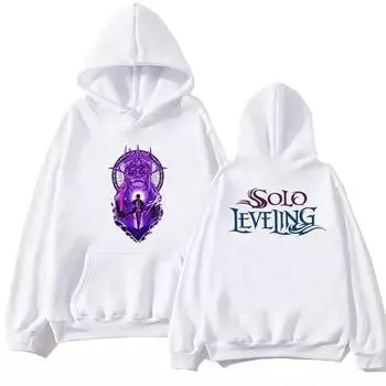 Аниме Solo Leveling Sung Jin-Woo Print Hooded Men Women Aesthetic Hoodies Oversize Casual Streetwear Harajuku Male Sweatshirt XS серый