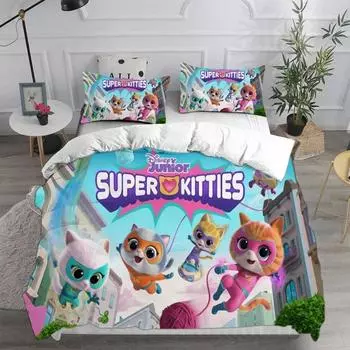 Аниме Super Kitties пододеяльник, комплекты постельного белья Super Kitties, комплекты наволочек с 3D-цифровой печатью для детей и взрослых 135x200cm 2pcs