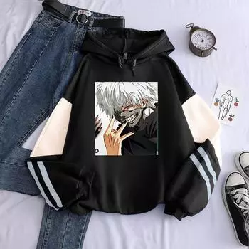 Аниме Токийский Гуль Канеки Кен крутые толстовки с капюшоном в стиле манга зимние уличные толстовки с длинными рукавами и принтом для мужчин и женщин теплые удобные толстовки S чёрный