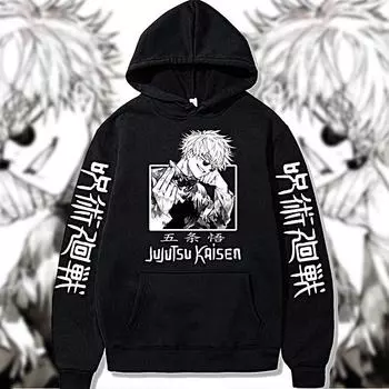 Аниме-толстовка с капюшоном Jujutsu Kaisen Gojou Satoru Print Harajuku Мужская одежда Флисовые толстовки с капюшоном Пуловеры Топы Свободные длинные рукава XS красный