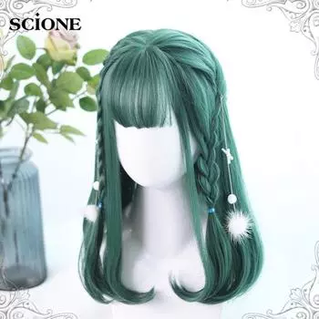 Аниме зеленый, черный, фиолетовый парик средней длины, прямые парики Лолиты, парики для косплея, термостойкие синтетические волосы, волосы для вечеринок в стиле аниме зелёный