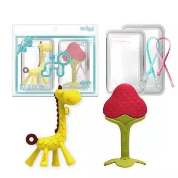 Anjou прорезыватель для зубов, набор из 2 предметов, соска, жираф, клубника, случайная доставка (силиконовый зажим), 1 комплект, корейские детские товары